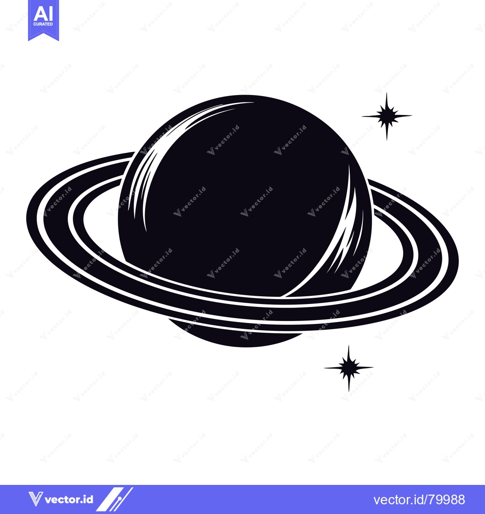 Premium Vector of A black and white silhouette of Saturn with rings and two stars