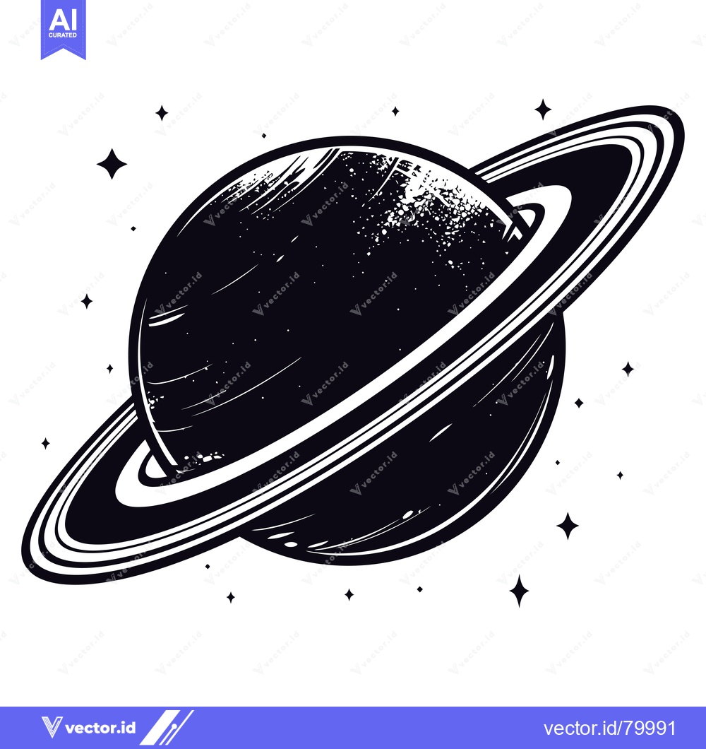 Premium Vector of Black and White Illustration of Saturn with its Rings and Stars