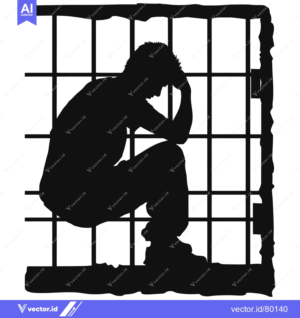 Premium Vector of Silhouette of a Man Sitting in a Cage, Head in Hands