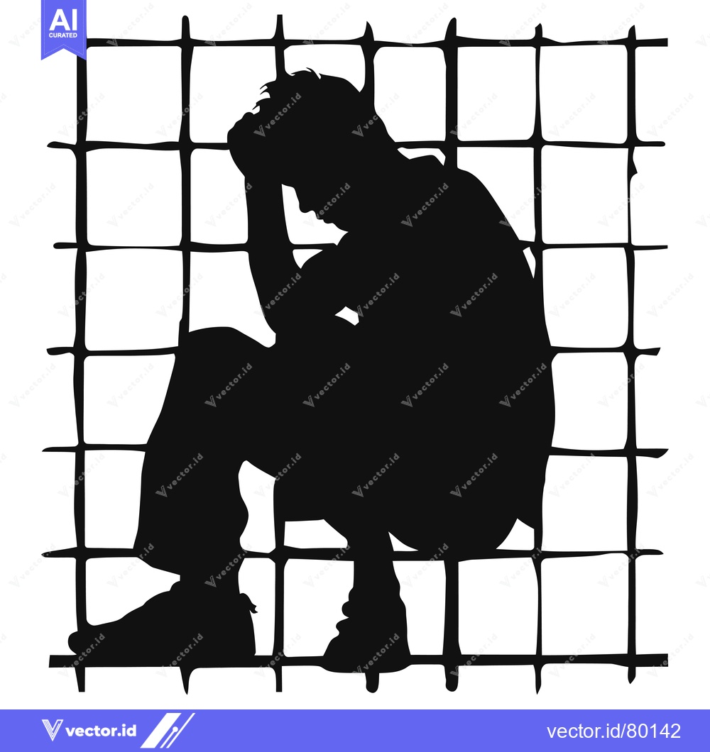 Premium Vector of Silhouette of a Person Sitting with Their Head Down in a Cage