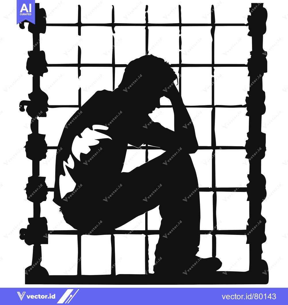 Premium Vector dari Silhouette of a Person Sitting in a Cage, Head Down in Despair