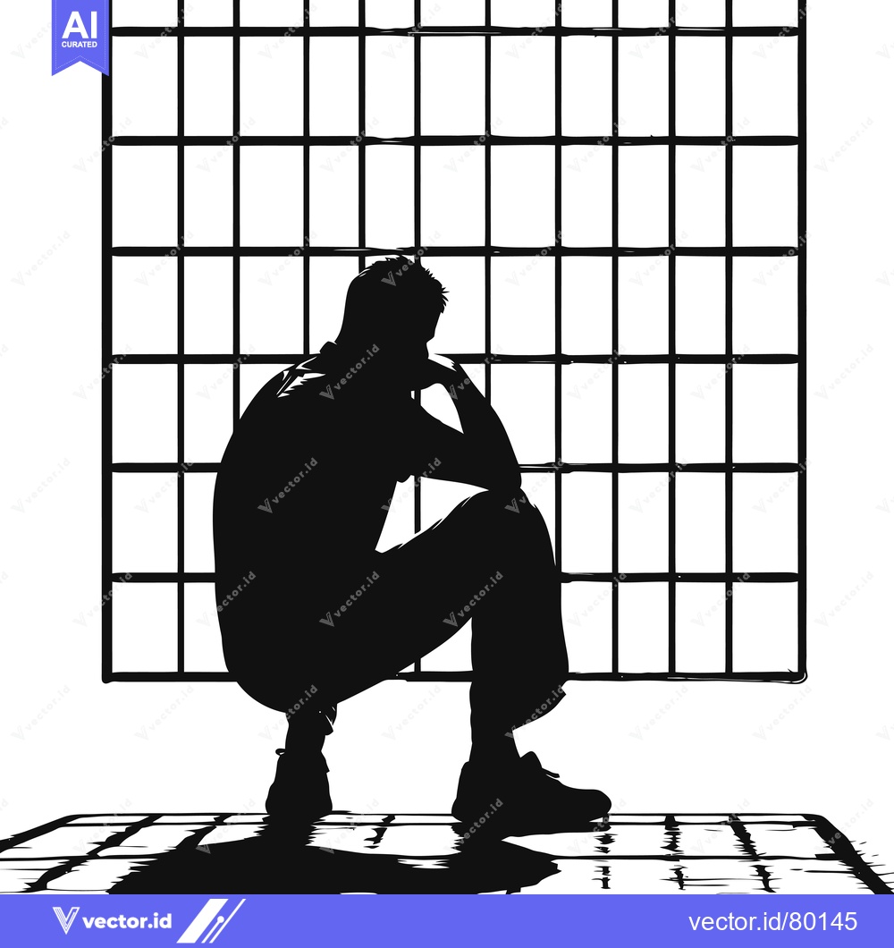Premium Vector dari Silhouette of a Man Sitting Before a Window with Bars