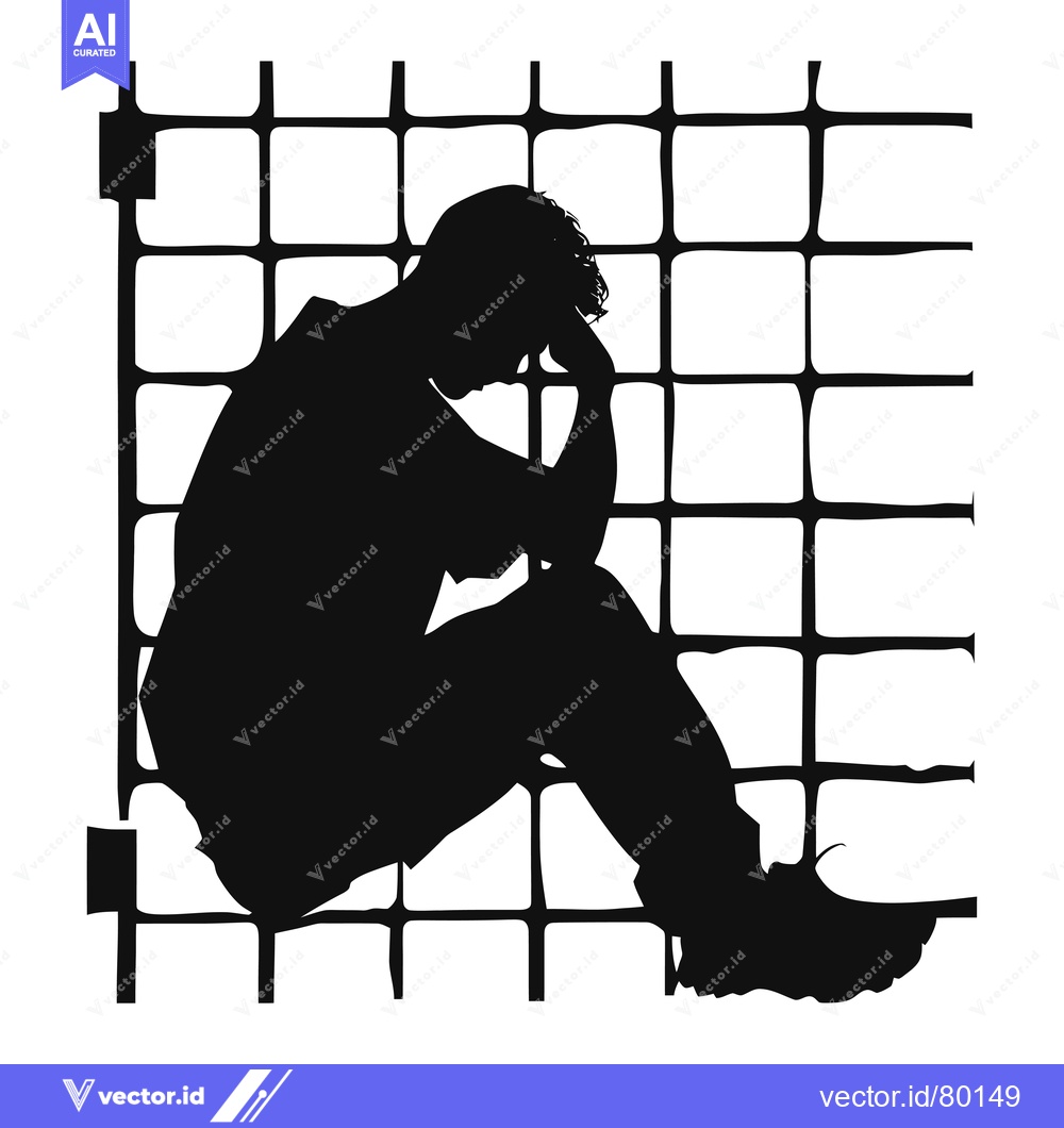 Premium Vector of Silhouette of a Man Sitting with Head in Hands Against a Grid Backgrou