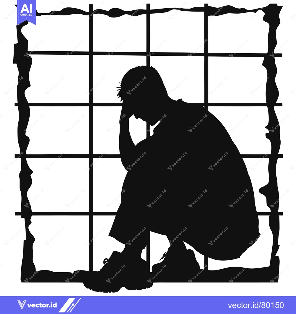 Premium Vector dari Silhouette of a Person Sitting with Head in Hands Within a Cage