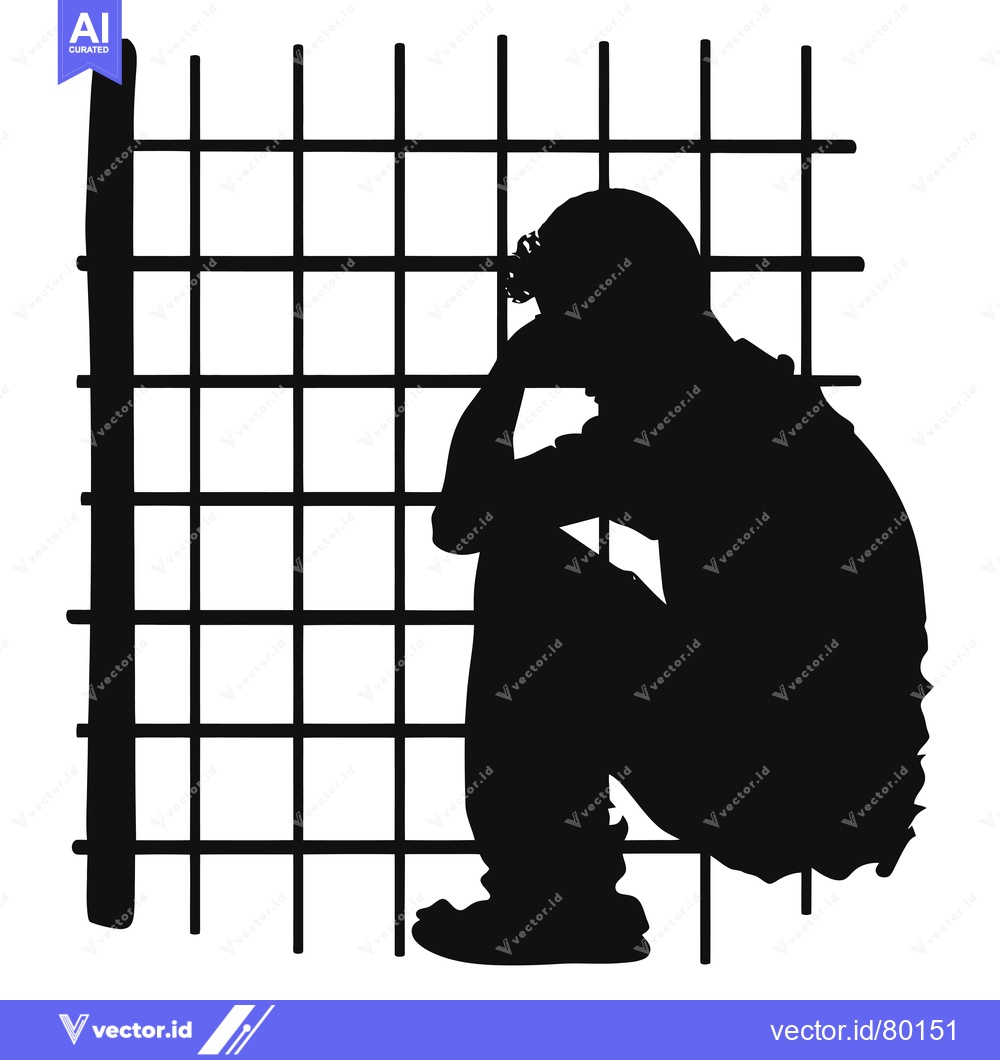 Premium Vector of Silhouette of a Person Sitting in a Cage, Head Down, in Despair