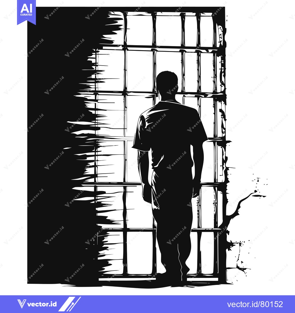 Premium Vector of A lone figure stands silhouetted against a barred window, facing away