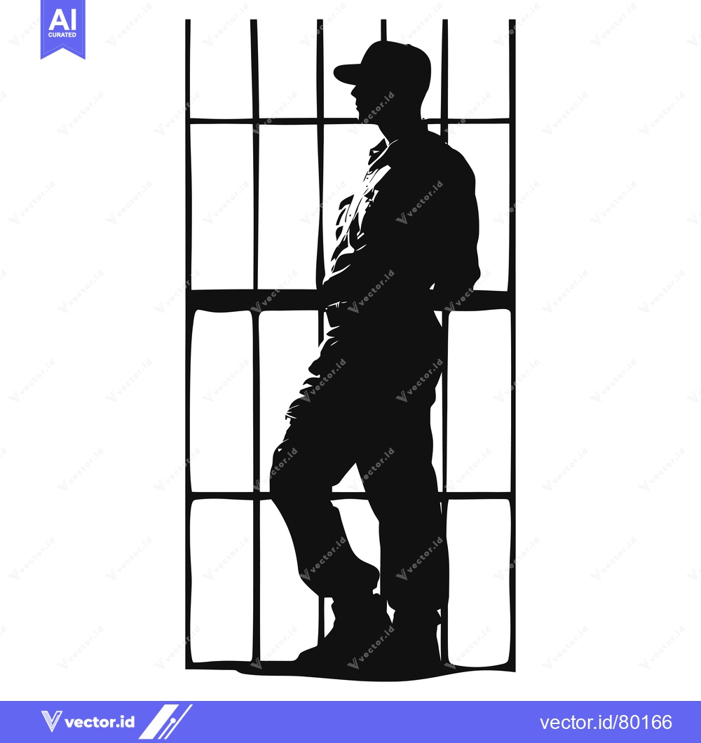 Premium Vector dari Silhouette of a Person in a Cap Standing by a Window with Bars