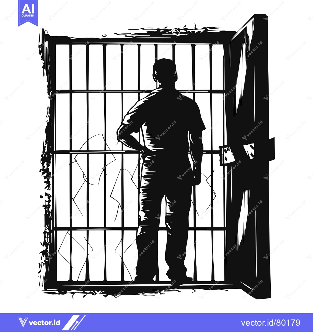 Premium Vector of A Silhouette of a Person Standing Behind Bars with a Door Ajar