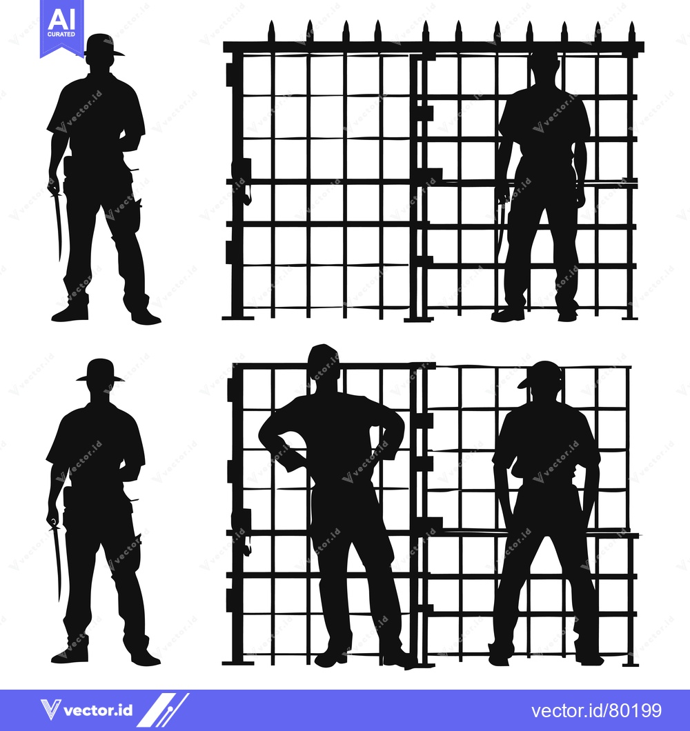 Premium Vector dari Silhouette of Four Security Guards Standing Near a Gate