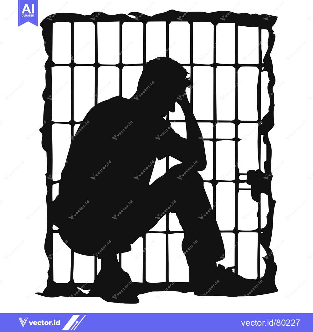 Premium Vector dari Silhouette of a Man Crouched and Holding His Head in a Cage
