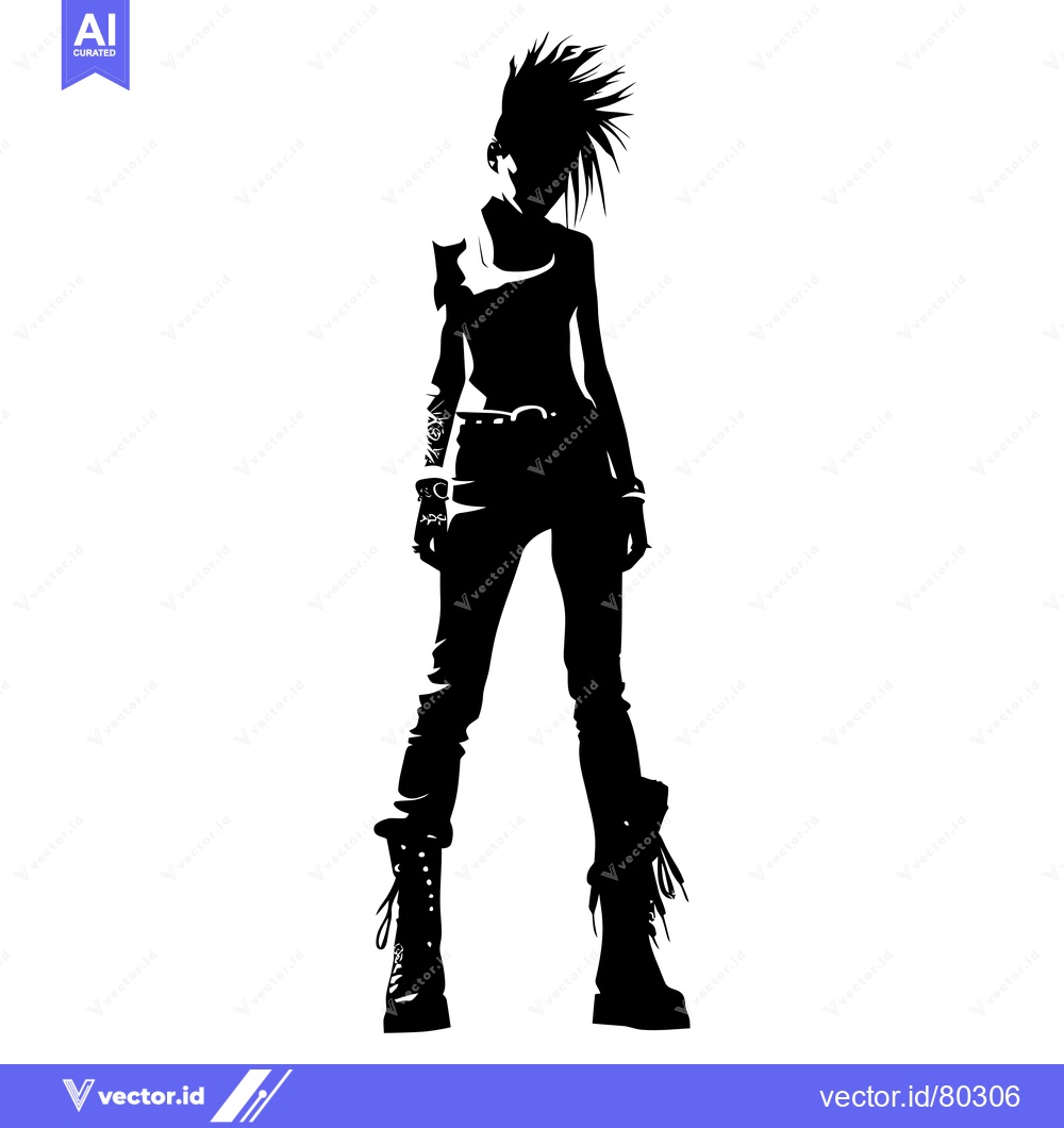 Premium Vector dari Black and White Silhouette of a Woman with Spiky Hair, Wearing Boots a