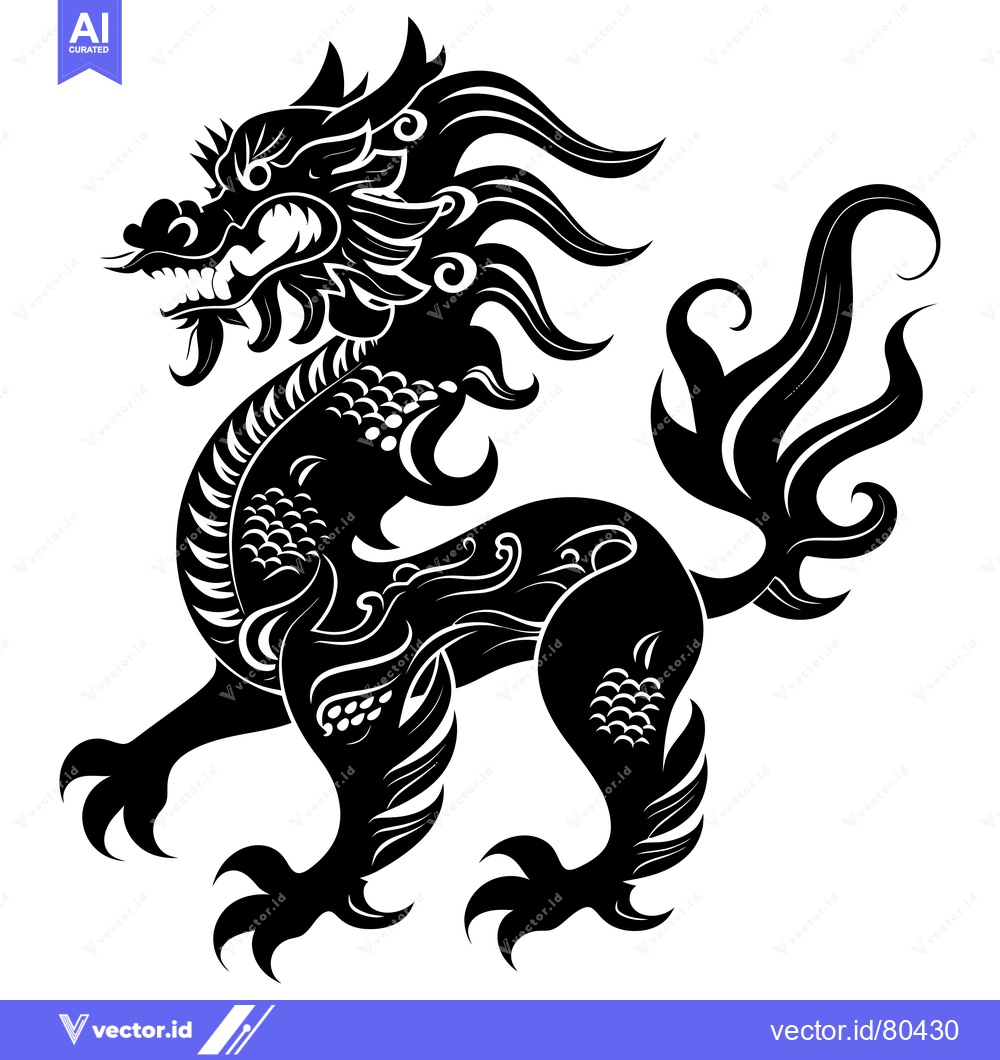 Premium Vector of Black and White Chinese Dragon Silhouette with Intricate Details