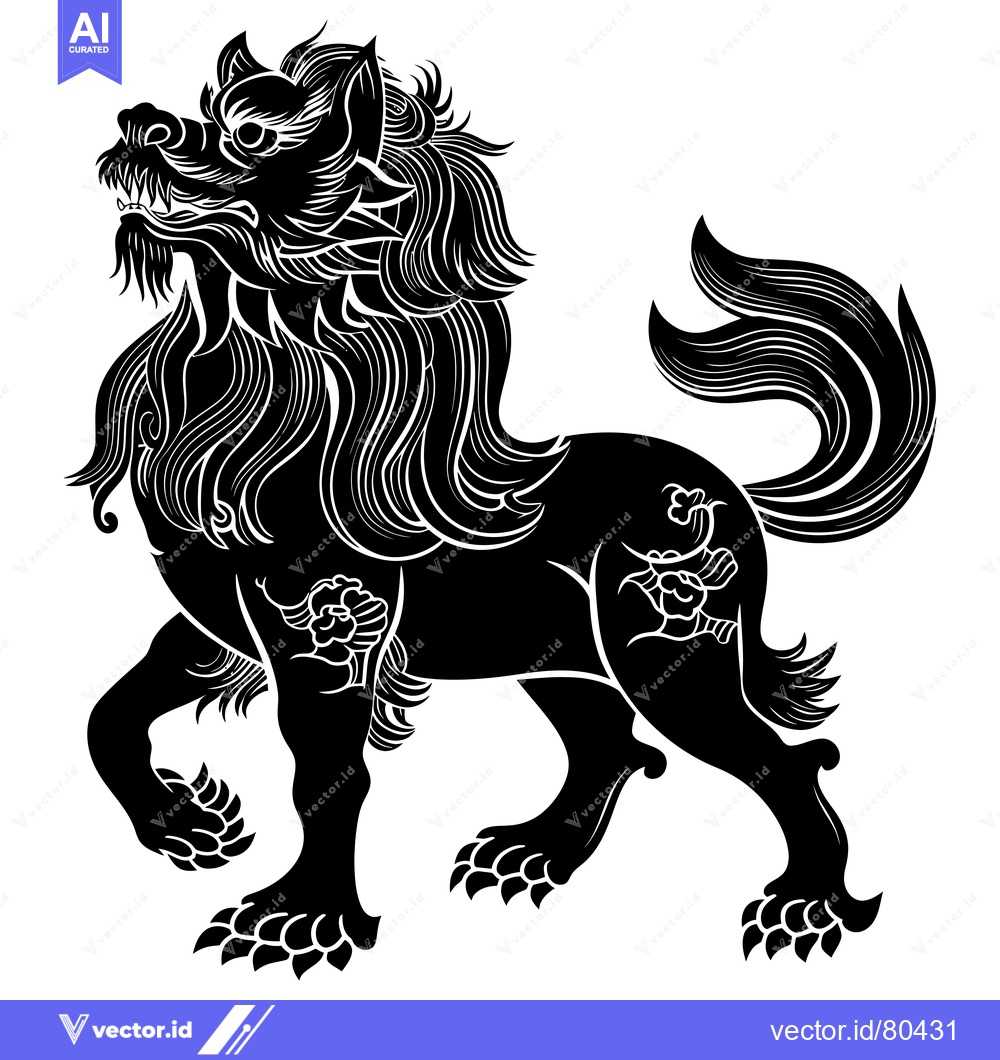 Premium Vector dari Black and White Stylized Lion with Detailed Fur and Claws