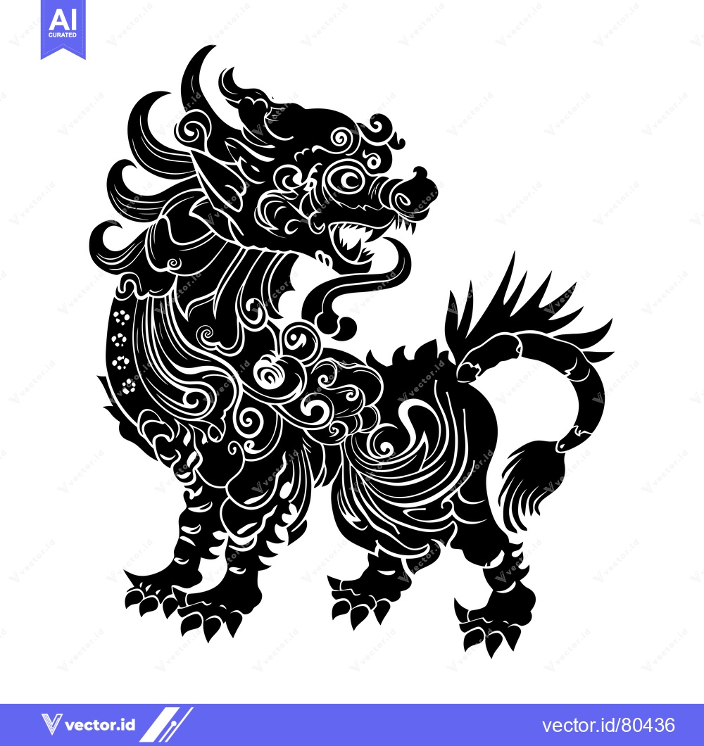 Premium Vector of Ornate Black and White Chinese Guardian Lion Silhouette