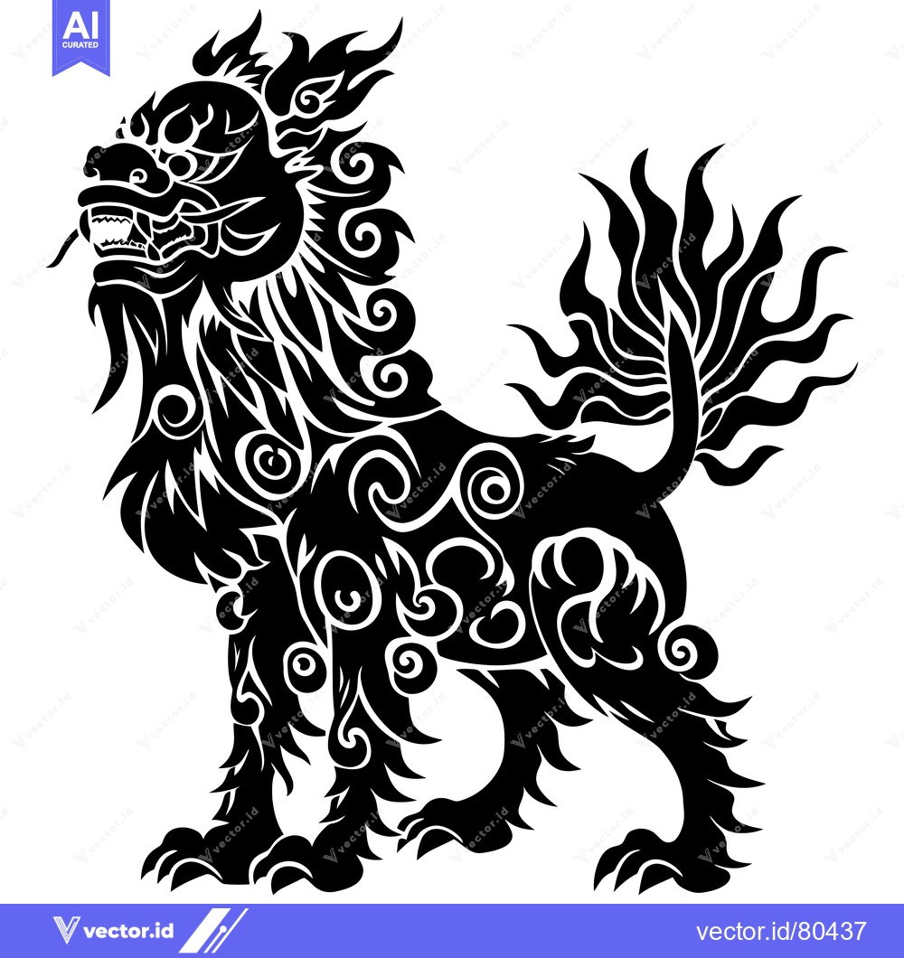 Premium Vector of Ornate Black and White Illustration of a Lion-like Guardian Beast