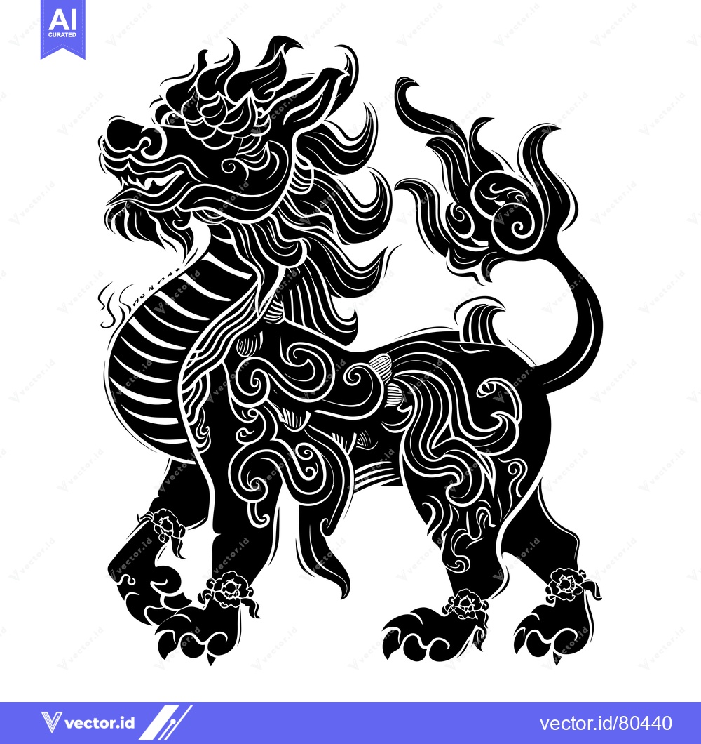 Premium Vector of Black and White Illustration of a Detailed Chinese Guardian Lion