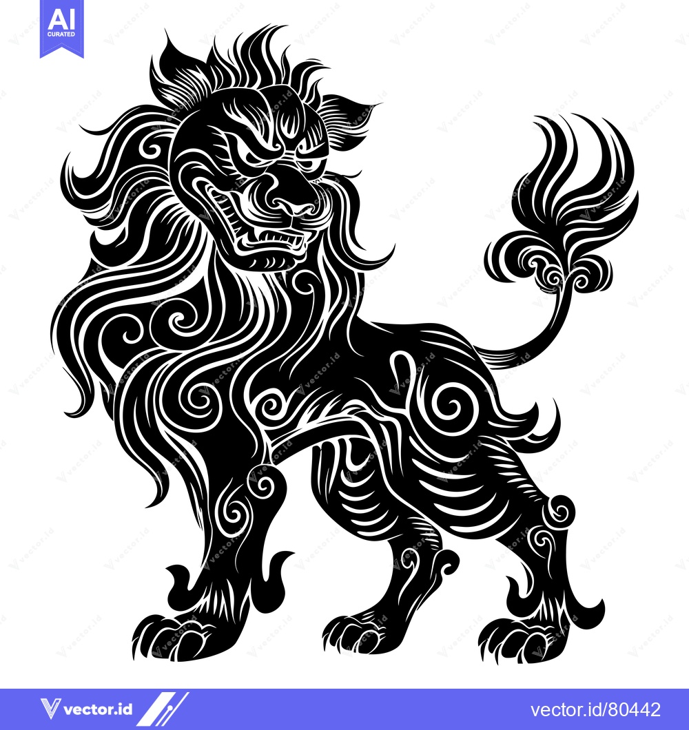 Premium Vector of Ornate Black and White Silhouette of a Chinese Guardian Lion