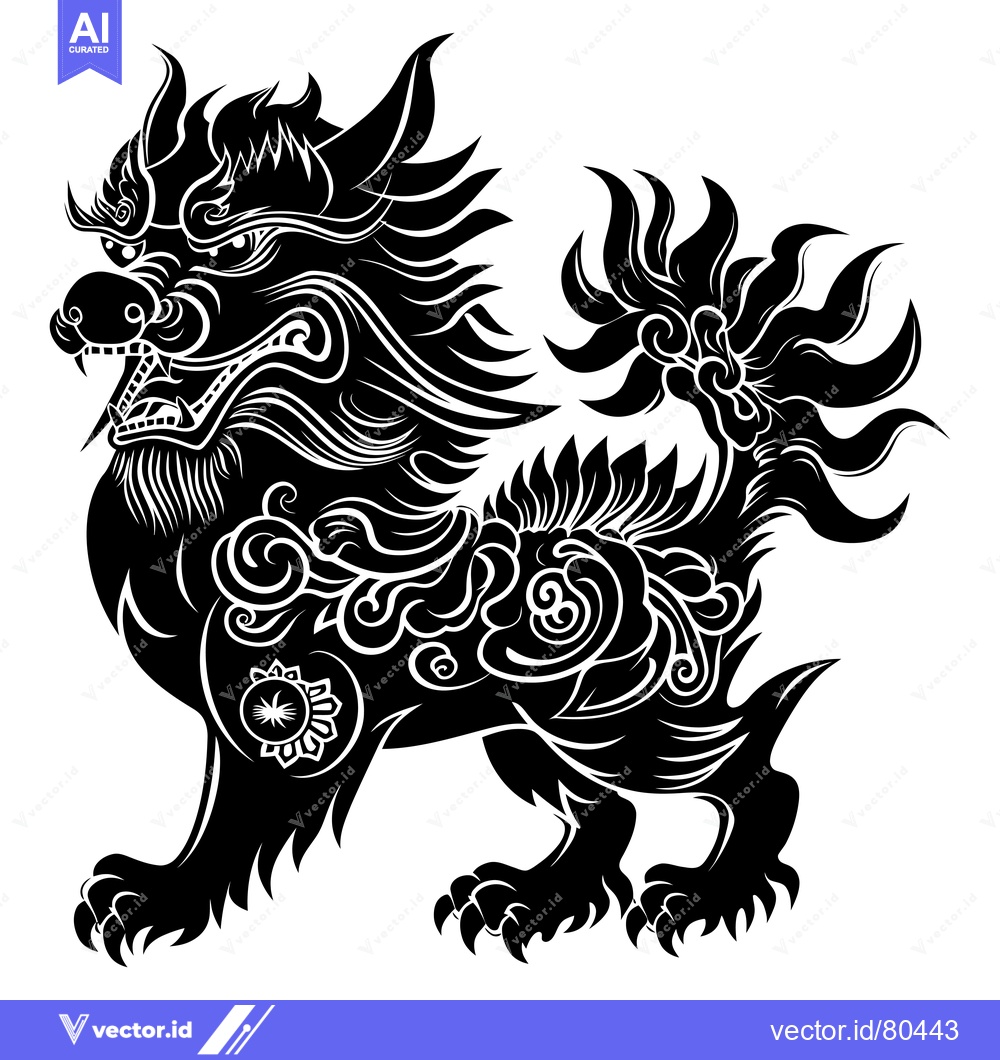 Premium Vector of Black and white illustration of a Chinese guardian lion with ornate de