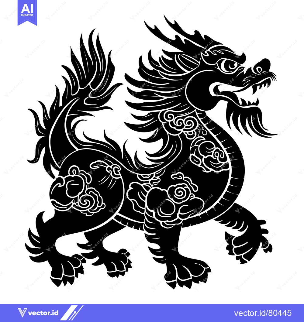 Premium Vector of Black and White Silhouette of a Mythical Chinese Dragon with Detailed
