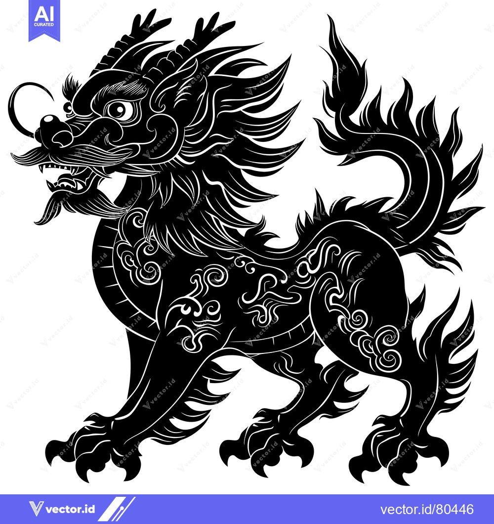 Premium Vector of Black and White Silhouette of a Chinese Lion with Intricate Details