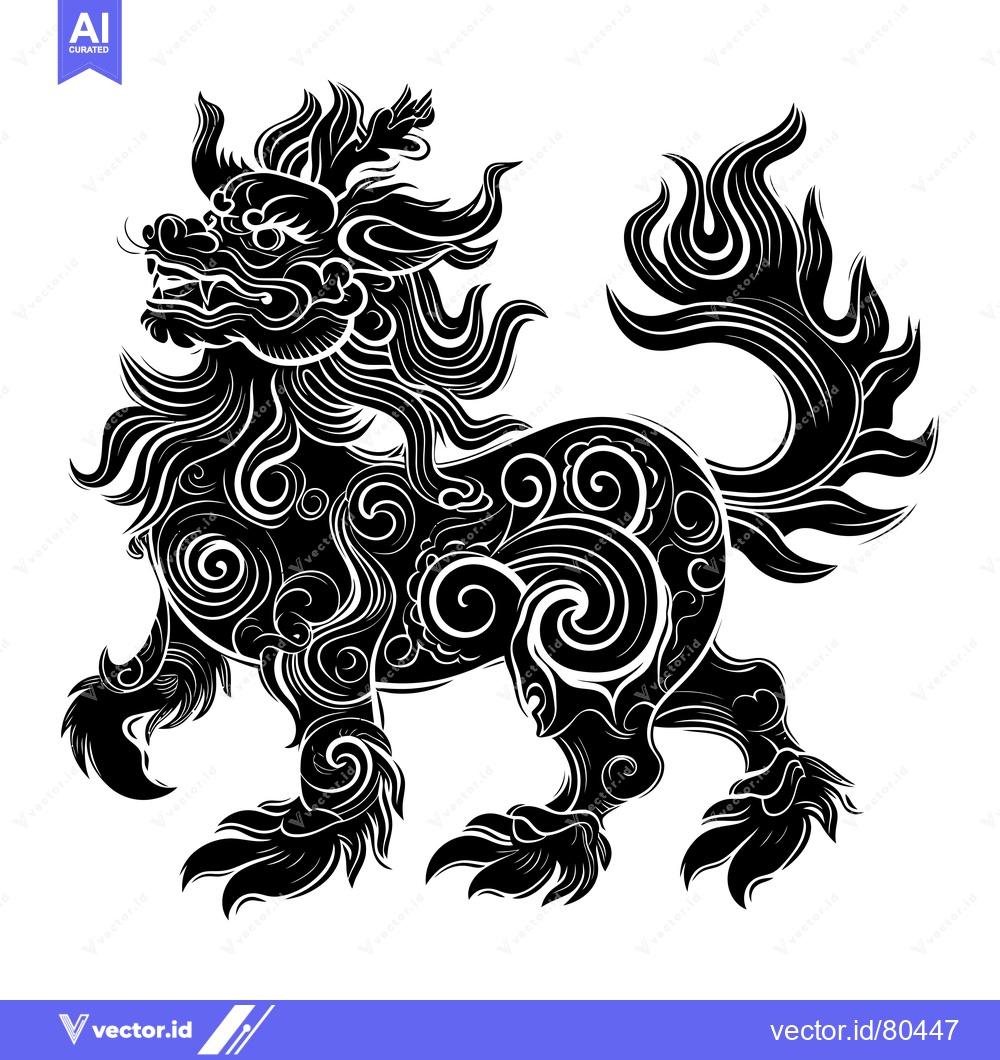 Premium Vector dari Ornate Black and White Lion-Like Creature with Swirls
