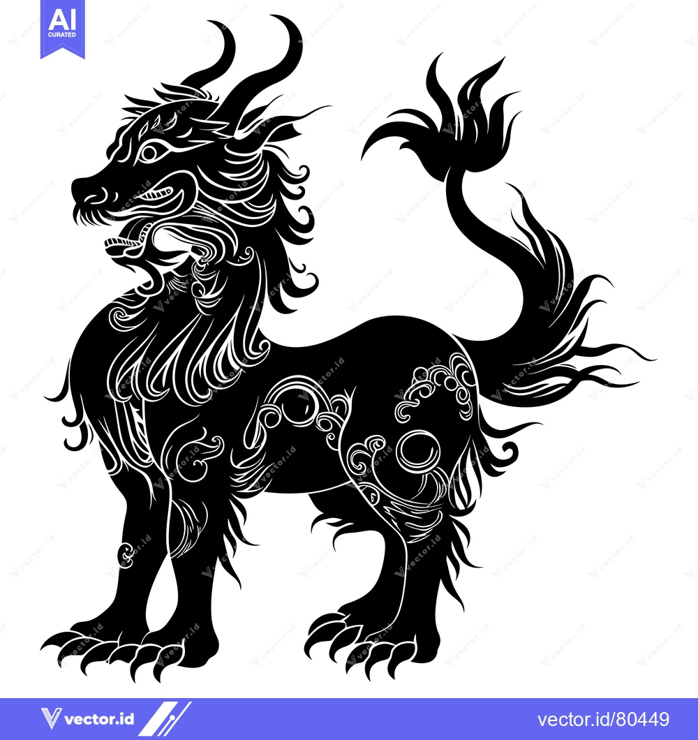 Premium Vector of Black and white silhouette of a mythical Chinese lion with intricate d
