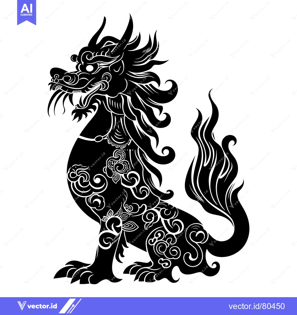 Premium Vector dari A Black and White Silhouette of a Mythical Chinese Lion with Ornate De