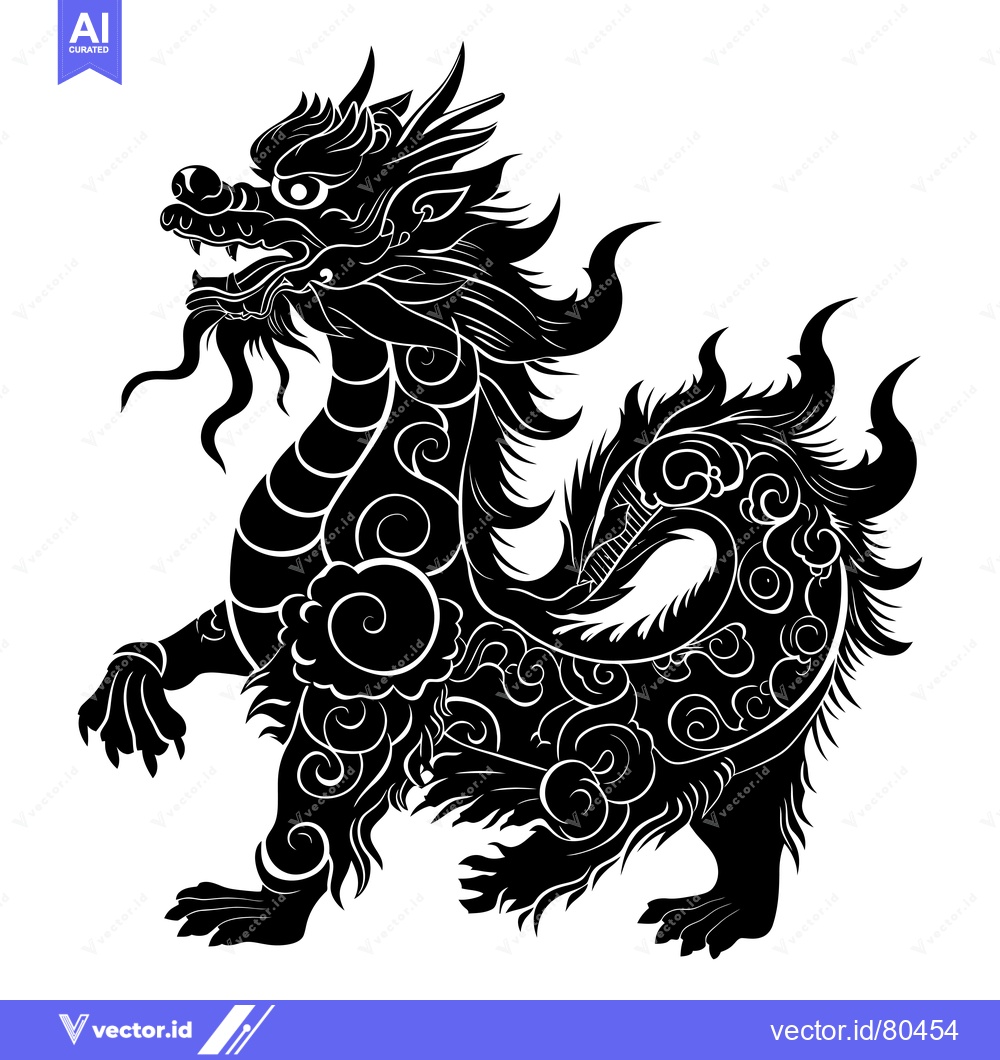 Premium Vector dari Black and White Illustration of a Standing Chinese Dragon with Detaile