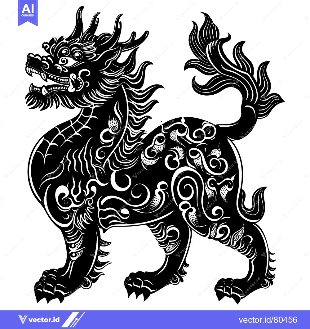 Premium Vector of Ornate Black and White Illustration of a Mythical Chinese Lion
