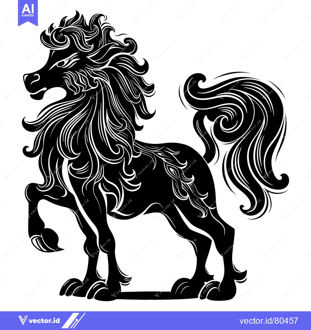 Premium Vector dari Black and White Stylized Illustration of a Horse with Curly Mane and T