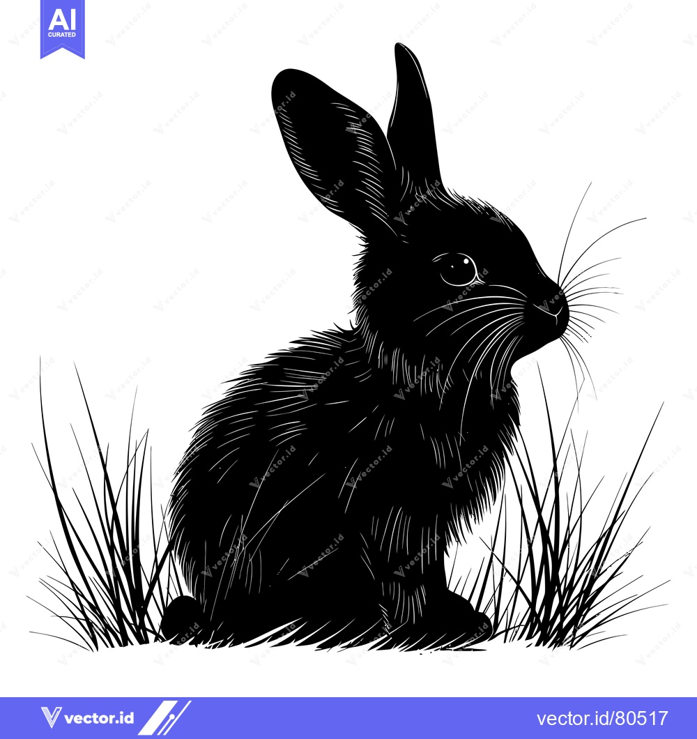 Premium Vector dari Black and White Silhouette of a Rabbit Sitting in Grass