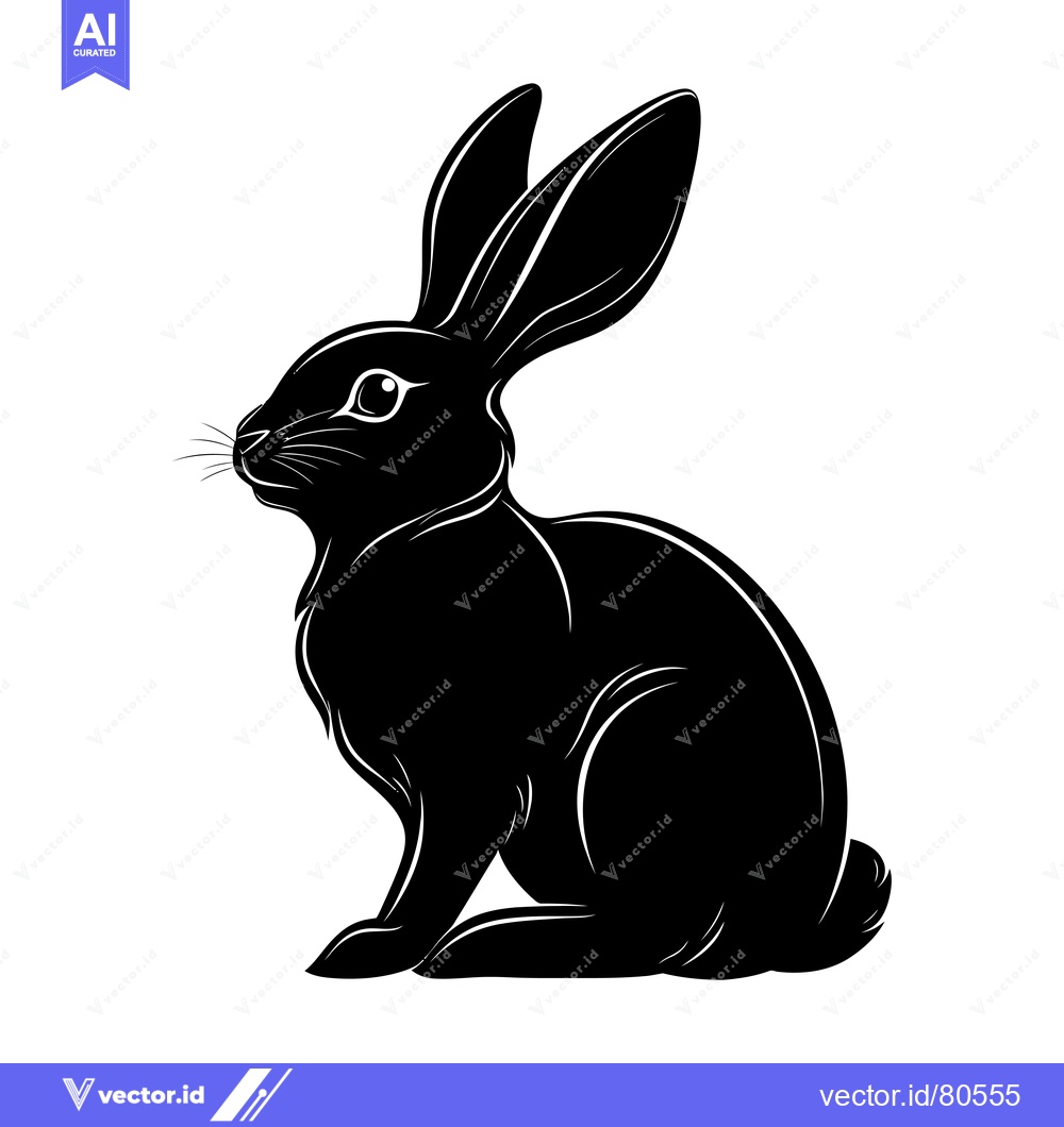 Premium Vector of Black and White Silhouette of a Rabbit Sitting with One Ear Up