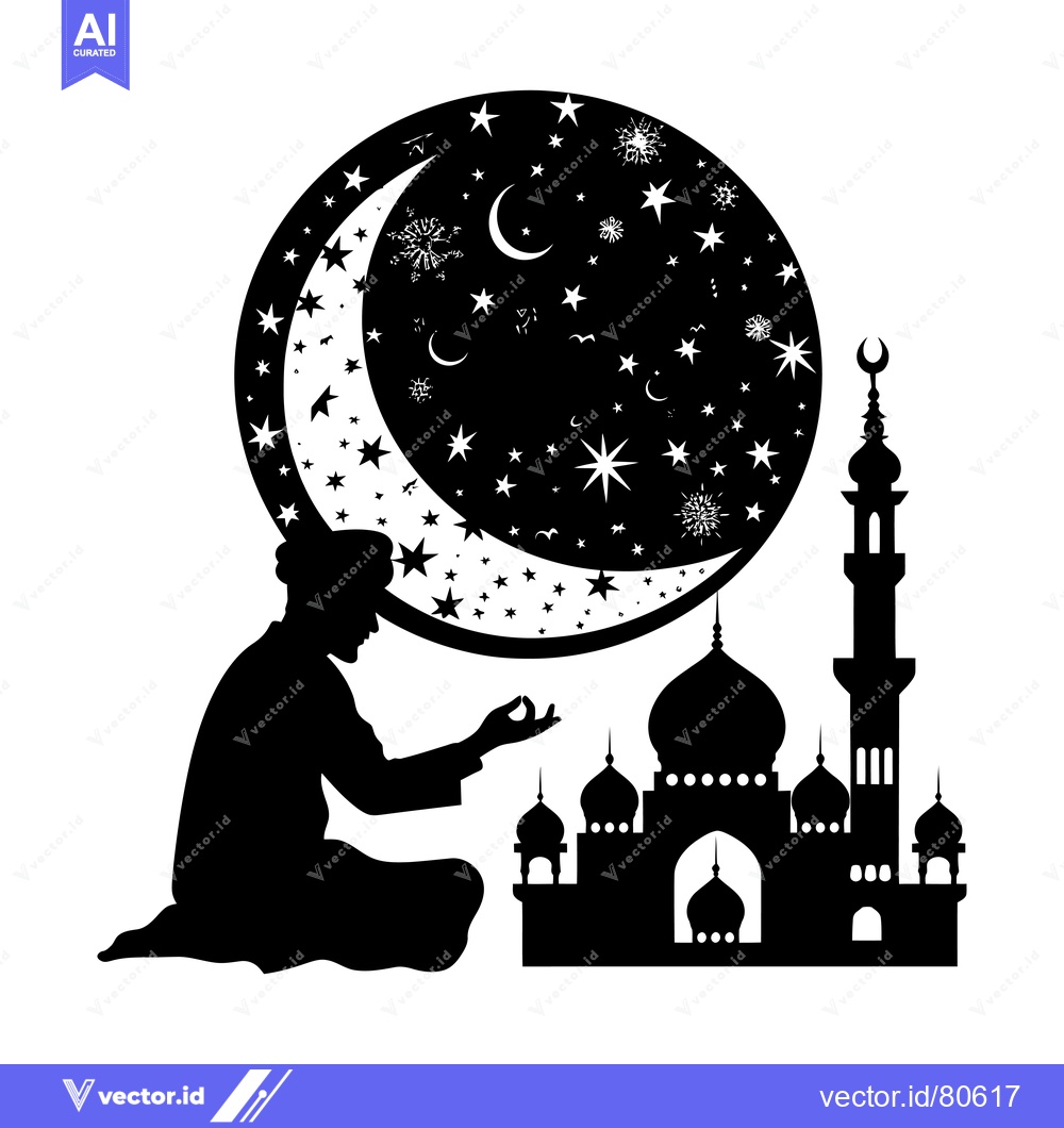 Premium Vector dari Silhouette of a Praying Muslim Man with a Mosque and Crescent Moon