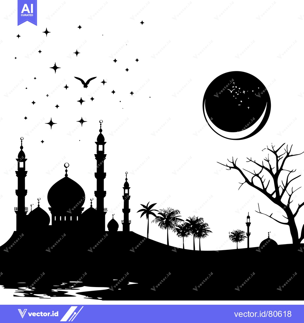 Premium Vector dari Silhouette of a Mosque with a Crescent Moon, Stars, and Palm Trees