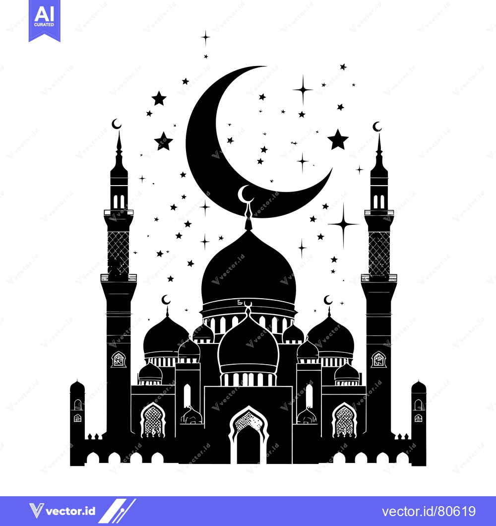 Premium Vector of Black Silhouette of a Mosque with Crescent Moon and Stars