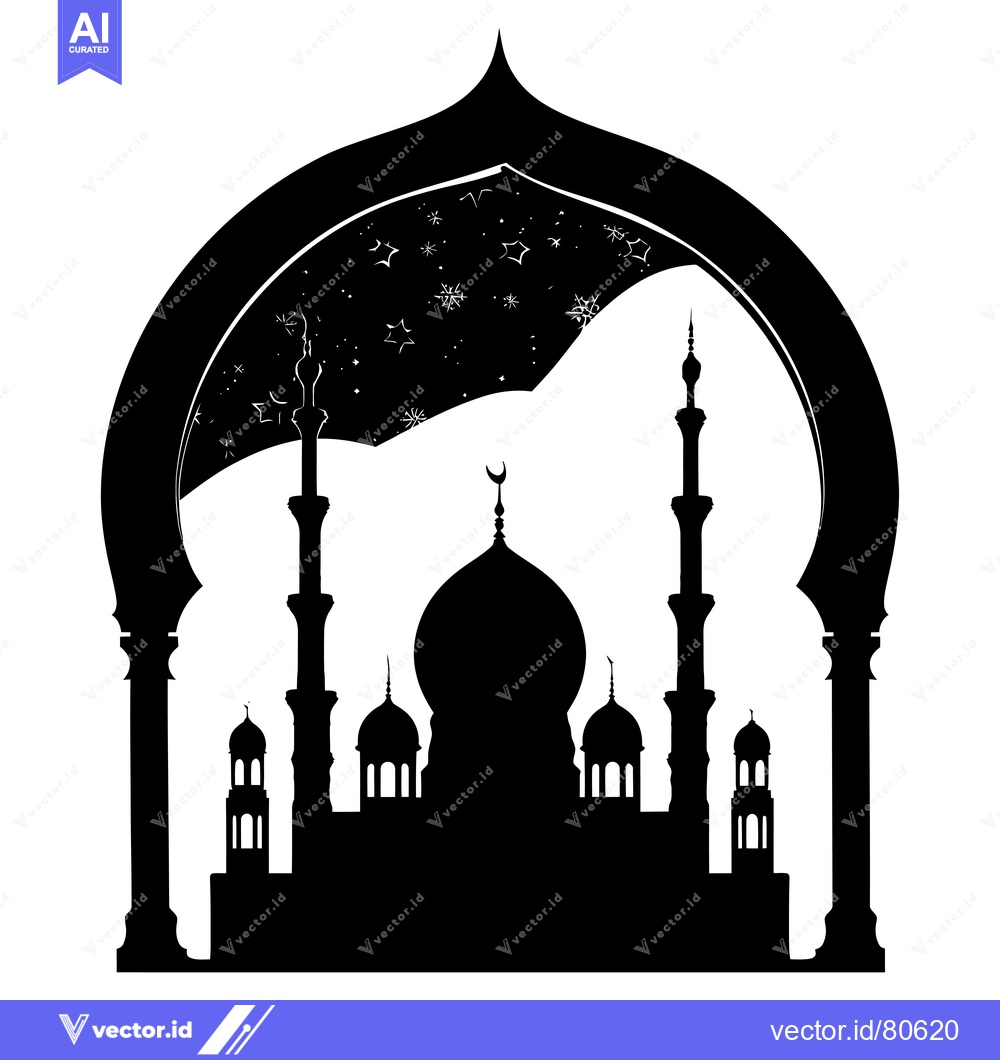 Premium Vector of Black and White Silhouette of a Mosque with Starry Night Sky