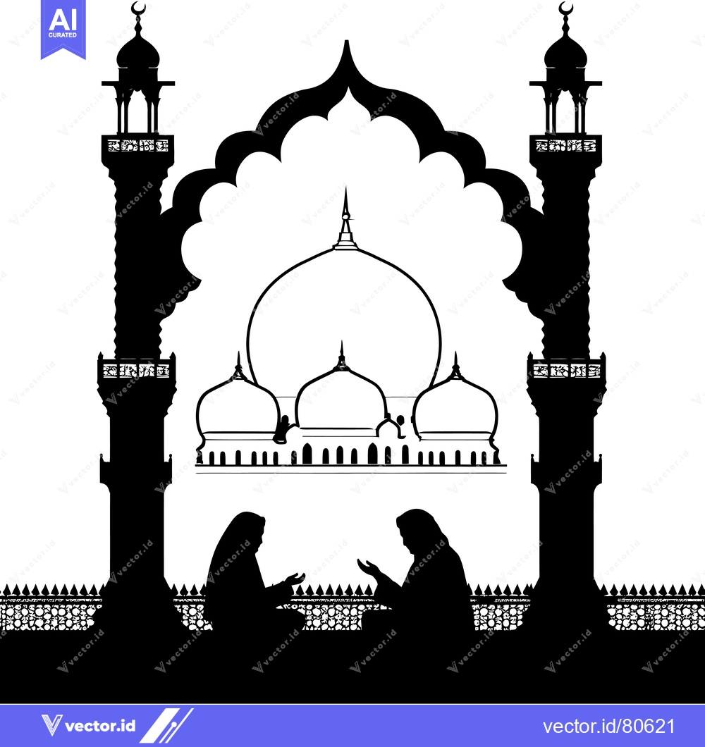 Premium Vector dari Silhouette of Two Praying People in Front of a Mosque