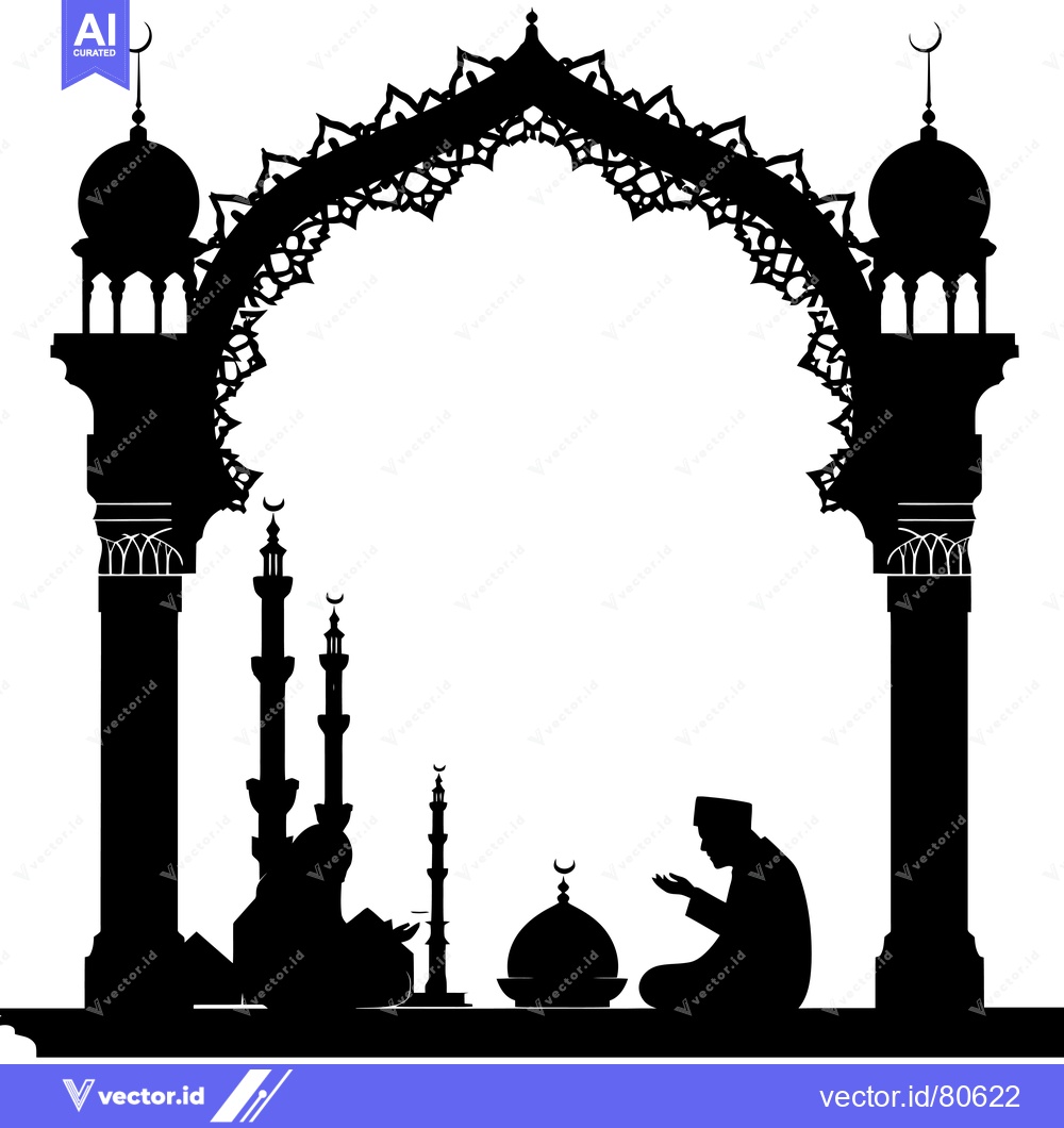 Premium Vector of Silhouette of Two Muslims Praying in Front of a Mosque Archway