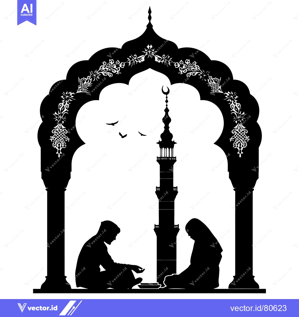 Premium Vector dari Silhouette of Two People Praying Underneath an Archway with a Minaret