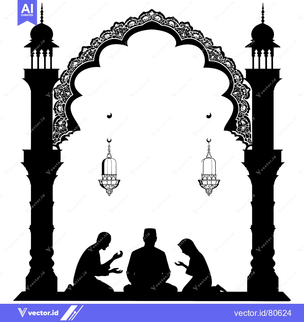 Premium Vector dari Silhouette of Three Muslim People Praying Under an Ornate Archway