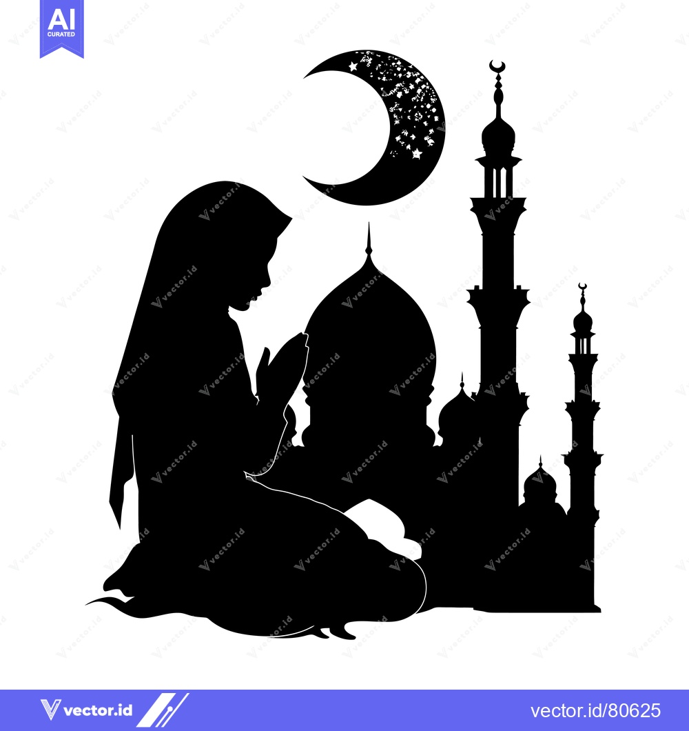 Premium Vector dari Silhouette of a Woman Praying in Front of a Mosque with a Crescent Moo