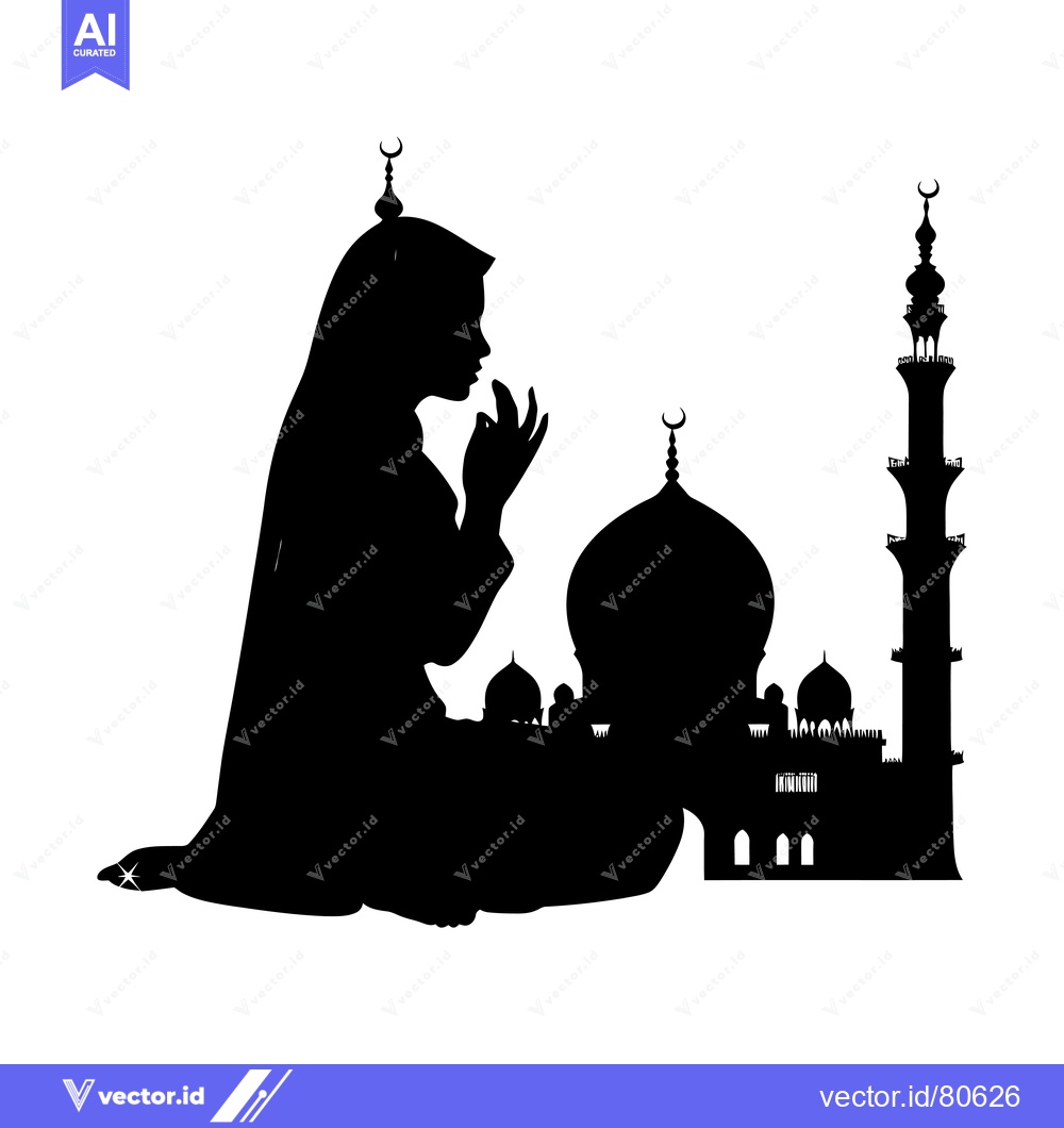 Premium Vector dari Silhouette of a Muslim Woman Praying in Front of a Mosque