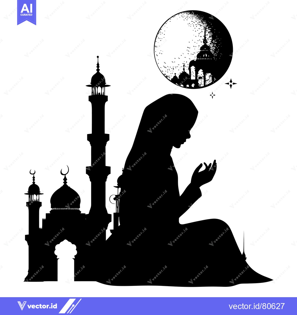 Premium Vector dari Silhouette of a Woman Praying in Front of a Mosque with a Crescent Moo