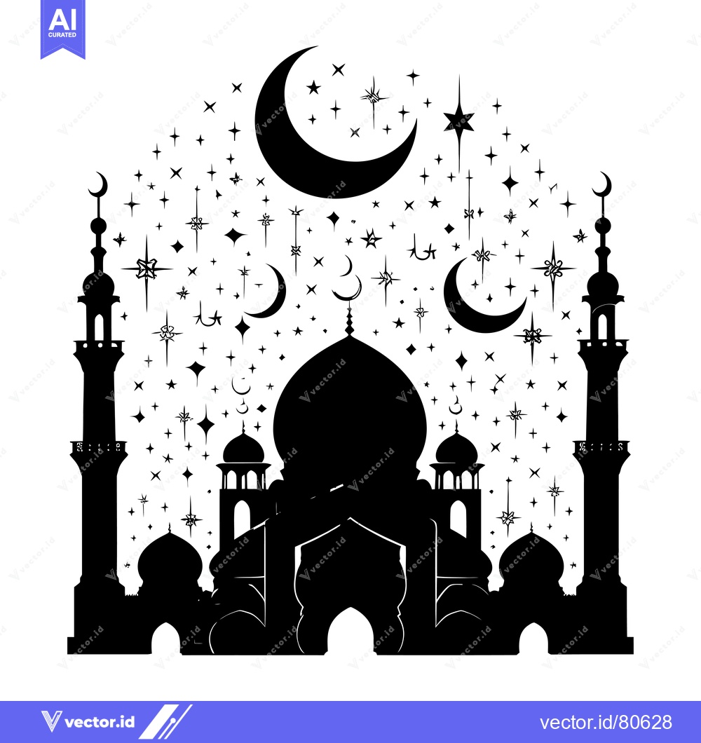 Premium Vector dari Black and White Silhouette of a Mosque with Stars and Crescents