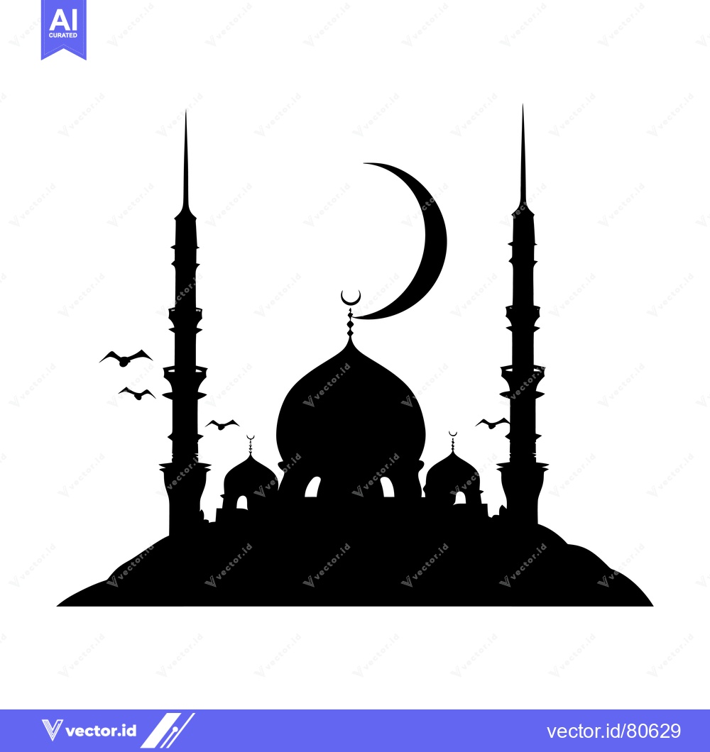 Premium Vector dari Black Silhouette of a Mosque with Crescent Moon and Birds