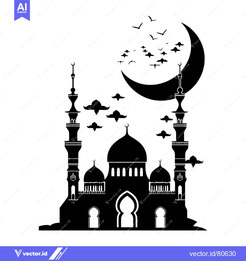 Premium Vector dari Black and White Silhouette of a Mosque with a Crescent Moon and Birds