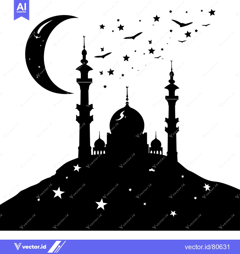 Premium Vector dari Mosque Silhouette with Crescent Moon and Stars