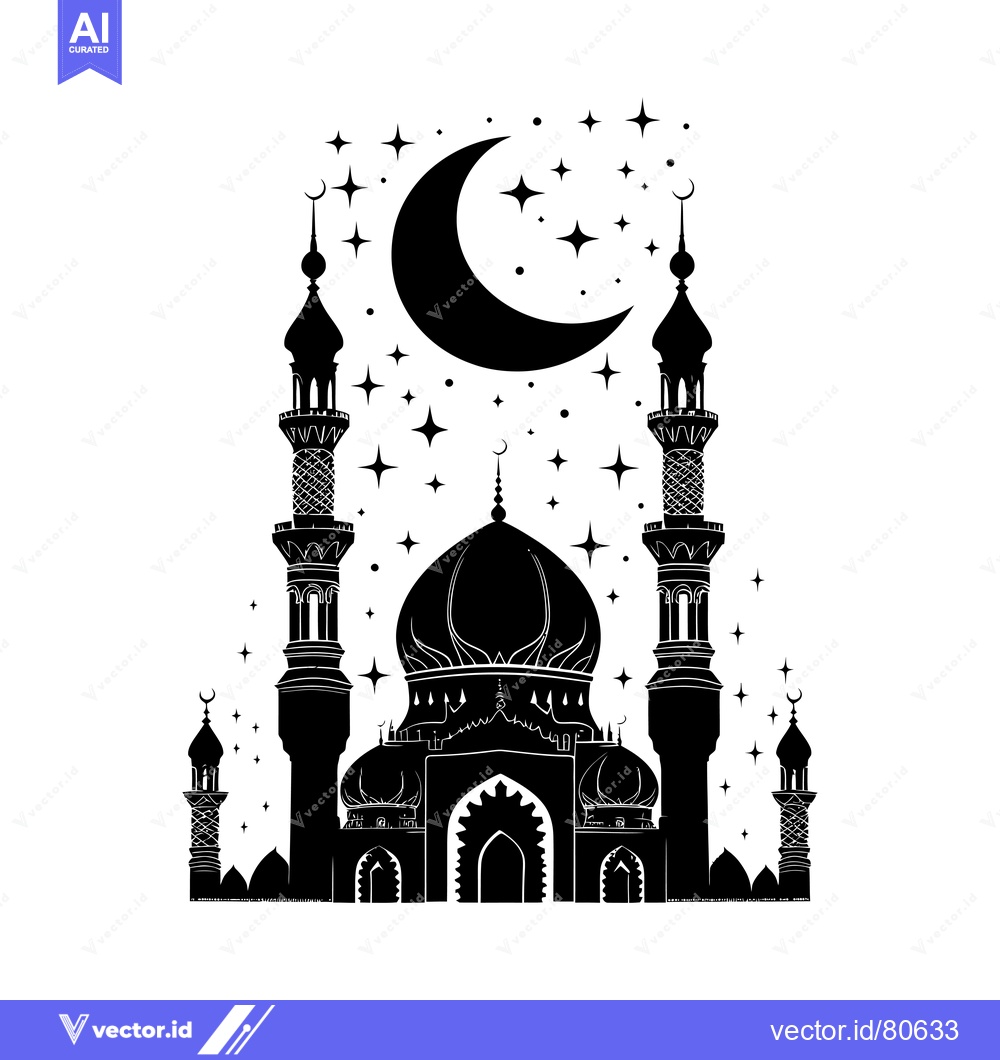 Premium Vector dari Black and White Silhouette of a Mosque with a Crescent Moon and Stars