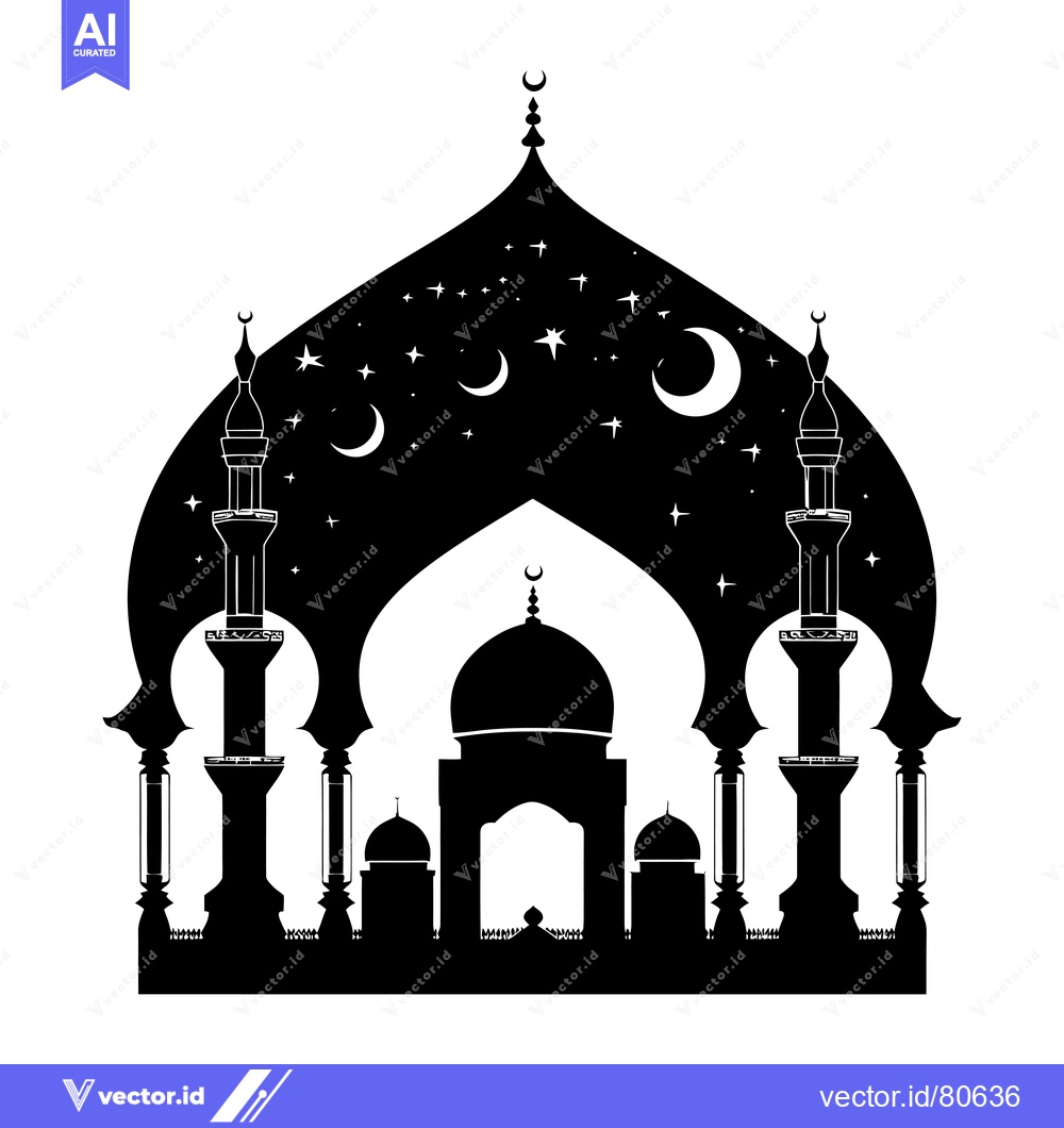 Premium Vector dari Silhouette of a Mosque with Minarets and a Starry Night Sky