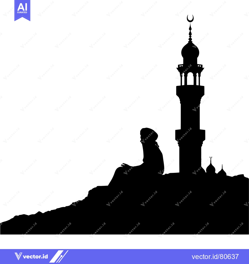 Premium Vector dari Silhouette of a Person Sitting on a Hilltop Looking at a Mosque